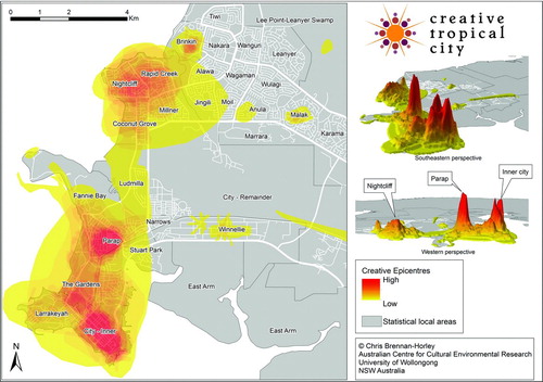Figure 5 Visualization of the “creative epicenter” in Darwin, Australia, based on sketch map overlays of eighty-three creative workers. Source: Figure adapted by Chris Brennan-Horley, from Brennan-Horley and Gibson (Citation2009). (Color figure available online.)