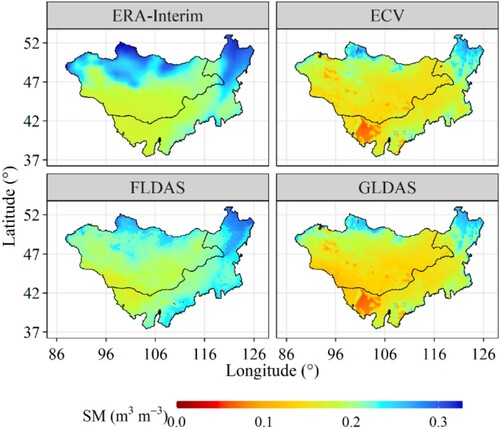 Figure 6. Spatial distribution of the average soil moisture in the Mongolian Plateau during the warm season of 1982 − 2018 based on the four gridded products.