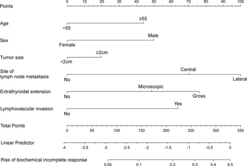 Figure 1 Nomogram for biochemical incomplete response risk prediction in papillary thyroid cancer patients.