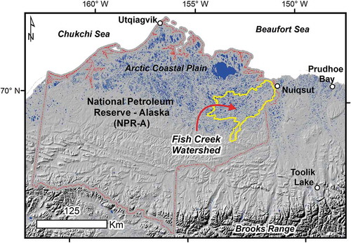 Figure 2. Physiographic, cultural, and land-management features of the North Slope of Alaska. Lakes are shown in blue and the Fish Creek Watershed is outlined in yellow.