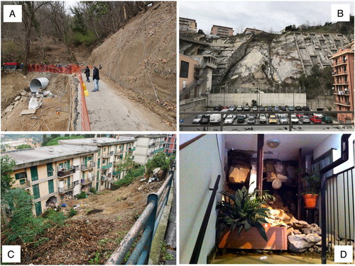 Figure 6. Landslides in the Municipality: A, road interruption in the upper Urban unit 12; B the actual status of the via Digione collapse landslide (u.u. 27); Clandslide affecting a residential building and a road; D of a landslide strongly affected apartment in 2014 (district 15).