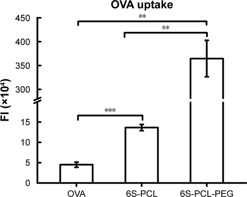 Figure S4 Mean fluorescence intensity plot of NPs taken up by NIH-3T3 cells. The statistical significance of differences were analyzed using Student’s t-test: **p<0.01, ***p<0.001.Abbreviations: NPs, nanoparticles; OVA, ovalbumin; 6S-PCL, six-arm poly(ε-caprolactone); 6S-PCL-PEG, six-arm poly(ε-caprolactone)–poly(ethylene glycol); FI, fluorescence intensity.