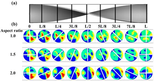 Figure 12. (a) The cross-sectional planes from the second element of the Kenics static mixer. (b) Contours of the mixture velocity at the same relative position for different aspect ratios.