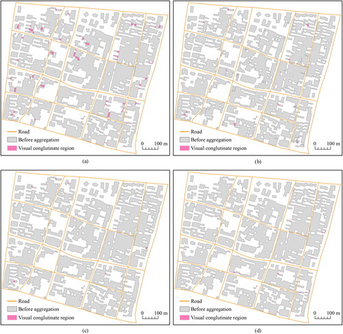 Figure 15. Visual conglutinate area extraction results based on the aggregation results of different methods. (a) The Esri method. (b) The Guo method. (c) The Li method. (d) Our proposed method.