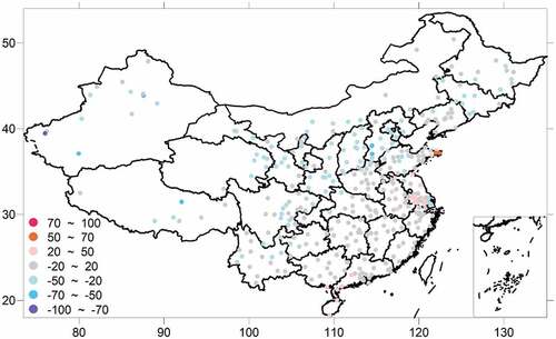 Figure 6. The biases of satellite-derived PM2.5 averaged from 2013–2015 over China in 372 cities.