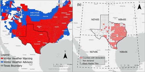 Figure 2. (a) National Weather Services (NWS) winter weather forecast near Texas, (b) counties that declared Winter Storm Uri as a major disaster.