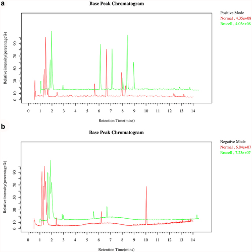 Figure 1. The Base peak chromatogram from Brucella cases (green) and normal controls (red) in the positive (a) and negative (b) datasets.
