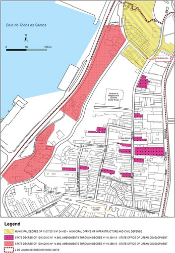 Figure 3. ‘2 de Julho Residences under Municipal and State Expropriation Decrees, Salvador, 2016’. Note: based on a map elaborated by the 2 de Julho Neighbourhood Planning Project in 2016 to inform residents about the expropriation process. The map was part of a leaflet that contained information about the rights of owners, renters and squatters and potential ways to mobilise them. The material was disseminated through door-to-door actions, workshops, websites and local meetings.