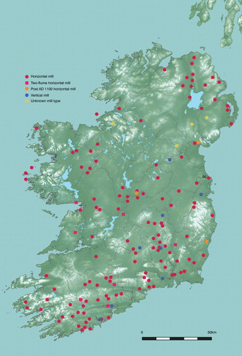 FIGURE 1. Distributions of water-powered mill sites in early medieval Ireland, c. ad 612–1124.