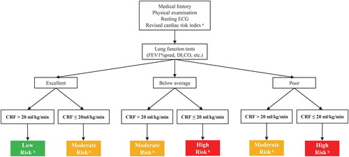 Figure 4. A Suggested algorithm for using CRF in the assessment of perioperative morbidity risk and long-term mortality in operable patients with early-stage NSCLC. CRF, cardiorespiratory fitness; DLCO, diffusing capacity of the lungs for carbon monoxide; ECG, electrocardiograph; FEV1, forced expiratory volume in one second.aRevised cardiac risk index: (1) high-risk surgery (including lobectomy or pneumonectomy), (2) ischaemic heart disease (prior myocardial infarction, angina pectoris), (3) heart failure, (4) insulin-dependent diabetes, (5) previous stroke of transient ischemic attack, and (6) creatinine ≥2 mg·dL−1.bLow risk in green indicates excellent prognosis and a low risk of perioperative complications. Moderate risk in yellow and high risk in red suggest a progressively worse prognosis and higher a risk of perioperative complications. Patients who are classified as moderate- and high-risk warrant strong consideration of more aggressive medical management and surgical options.