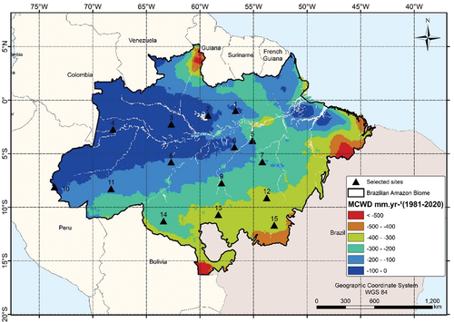 Figure 1. Location of the 15 sites selected for data analysis of the SuperDove satellite constellation in the Brazilian Amazon region. The map of mean Maximum Cumulative Water Deficit (MCWD) in the 1981–2020 period (mm.yr−1) is based on Silva Junior et al. (Citation2021). The sites are numbered with increasing latitude from north to south of the Amazon: 1. Biological Reserve of Trombetas River (BRTR); 2. Uatumã Biological Reserve (UBR); 3. Jaú National Park (JNP); 4. Juami-Japurá Ecological Station (JJES); 5. Tapajós National Forest (TNF); 6. National Park of Amazônia (NPA); 7. Ecological Station of Terra do Meio (ESTM); 8. National Park of Nascentes do Lago Jari (NPLJ); 9. Juruena National Park (JUNP); 10. National Park of Serra do Divisor (NPSD); 11. National Forest Mapiá-Inauini (NFMI); 12. Menkragnoti Indigenous Reserve (MIR); 13. Japuira Indigenous Reserve (JIR); 14. Pacaás Novos National Park (PNNP); and 15. Xingu Indigenous Park (XIP).