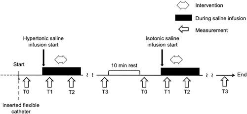 Figure 1 Experimental protocol. The evaluation was performed at four points: Baseline (pre-saline infusion; T0), Pre-intervention (stable painful state after saline infusion; T1), Post-intervention (3 minutes after intervention; T2) and 10 minutes after the pain had subsided (Recovery; T3). All subjects received hypertonic and isotonic infusions each day. The order of infusion type of saline (hypertonic/isotonic) and measurement (Experiment-A or -B) were randomized and balanced. Experiment-A contained 2 sessions which had 2 types of motor imagery interventions (ankle or finger) whereas Experiment-B had only 1 session (ankle motion imagery). Experiment-A measured H/M ratio, while Experiment-B recorded MVC force and RMS of the amplitude.