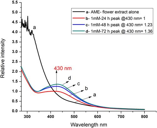 Figure 2 UV-vis spectrum of 1 mM AgNPs with different interval times 24 to 72 h. (a) AME flower extract spectra, (b) 24 h spectra of record for mixed aqueous solution of AME flower extract and AgNo3, (c) 48 h spectra of record for mixed aqueous solution of AME flower extract and AgNo3 and (d) 72 h spectra of record for mixed aqueous solution of AME flower extract and AgNo3.
