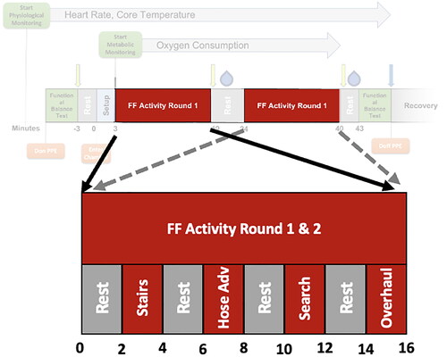 Figure 5. Schematic of firefighting activity timeline. Activities were completed on a 2-minute work/rest cycle.