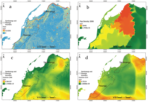 Figure 15. (a) The slope in the areas of Maianga and Sambizanga. (b) detail of the corresponding probability map for the year 2008. (c) detail of population density for the year 2008. (d) detail of population density for the year 2018.