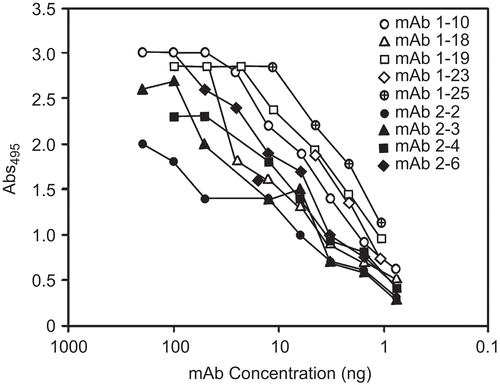 Figure 1.  Titer of anti-TCblR antibodies. Antibody titer in hybridoma supernatants was determined by ELISA; 100 ng of antigen was used to coat ELISA plates. Peroxidase conjugated goat anti-mouse secondary antibody and TMB substrate were used to detect the binding of anti-TCblR antibody.