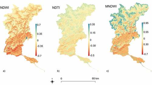 Figure 3. Results of the spectral water indices calculated from the Sentinel-2 images: a) Normalized Difference Water Index (NDWI); b) Normalized Difference Turbidity Index (NDTI); and c) Modified Normalized Difference Water Index (MNDWI).
