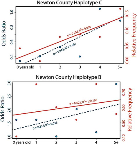 Figure 5. Relative frequency and odds ratio for two haplotypes of the prion gene PRNP haplotypes detected in white-tailed deer age cohorts (<1 year to 5+ years) sampled in Arkansas from 2016–2019. Prion gene variant Haplotype C (top panel) has been associated with reduced susceptibility to CWD, whereas Haplotype B (lower panel) has been associated with higher susceptibility (Brandt et al. 2018). Data are based on phased haplotypes derived from 720 nucleotides of the PRNP gene sequenced across 1,433 deer