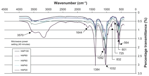 Figure 8 FT-IR spectra of nano-HAP powders thermally treated in the microwave oven at various power settings.Abbreviations: FT-IR, Fourier transform infrared; HAP, hydroxyapatite.