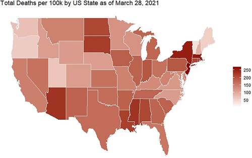 Figure 4. COVID-19 deaths per 100,000 within the United States as of March 2021.