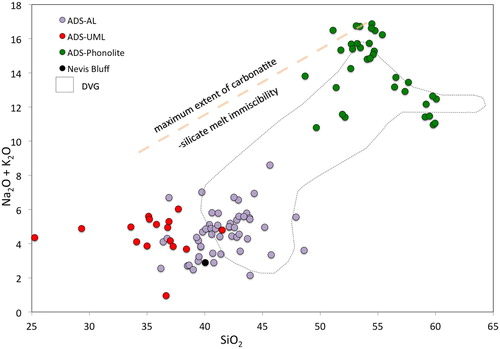 Figure 13. Total alkalis versus silica diagram (TAS) showing comparison between geochemical variation in the ADS and DVG. The most evolved, alkali-rich phonolite compositions of the ADS fractionation trend cross the field boundary representing the maximum extent of silicate melt-carbonatite immiscibility for CO2-saturated compositions (taken from Schmidt and Weidendorfer Citation2018). In contrast, the composition of DVG magmas (dashed outline) fails to reach this critical composition (colour online).