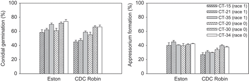 Fig. 2. Conidial germination (per cent) and appressorium formation (as per cent of conidia) of six isolates of Colletotrichum truncatum belonging to two races on detached leaflets of lentil cultivars ‘Eston’ and ‘CDC Robin’ 12 h post-inoculation.