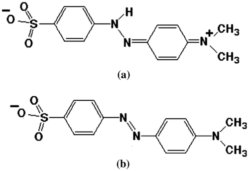 Fig. 9. MO structure at (a) acidic and (b) basic mediums.