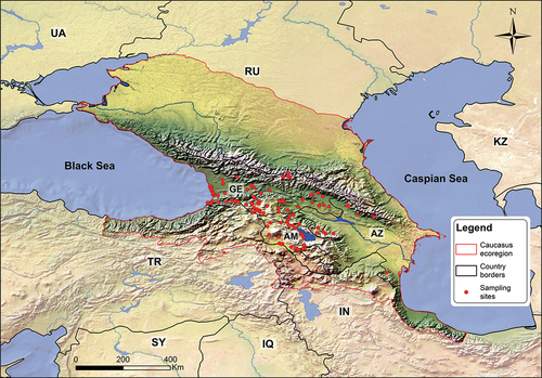 Figure 1. Map of the Caucasus ecoregion and distribution of the sampling sites.