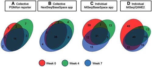 Figure 5 Phylotype distribution levels at different time points. Venn diagram showing the number of phylotypes at each time point for collective (A, B) and individual specimens (C, D). Values within overlapping circles represent phylotypes shared among different time points.