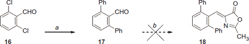 Scheme 3. Reagents and conditions: (a) phenylboronic acid, Pd2(dba)3, Cs2CO3, Cy3P 20% toluene, dioxane, 100 °C; b) N-acetylglycine, Ac2O, CH3COONa, reflux.