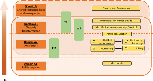 Figure 5c. Analytical framework for understanding gender-normative change processes using the concept of “doxa”. Domains A1-A3 represent different stages of change of doxa ‘patriarchy characterized by women’s limited agency’. Domain B represent a possible future doxa. The three distinct sets of norms PiP, WS and TE are mapped into the domains together with the associated behaviours as identified in the study area in terms of agency. The arrow on the left shows the direction of change over time as discerned from the data, the fading colour of the error indicating diminishing certainty of the direction as we move from past, through the present, to a (possible) future.