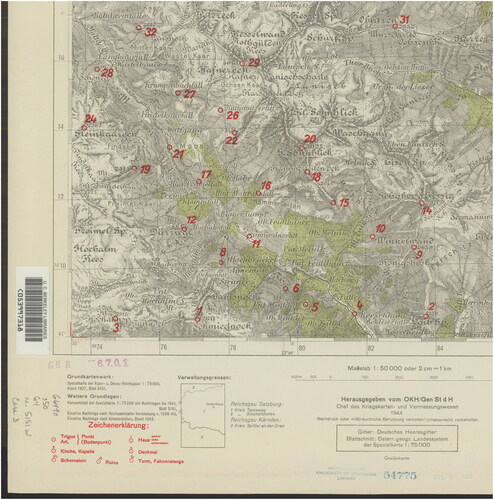 Figure 4. Inset of the Zederhaus quadrangle (Deutsche Karte 1:50,000 der Alpen- und Donau-Reichsgaue sheet 5151 West) showing triangulation markings in red.