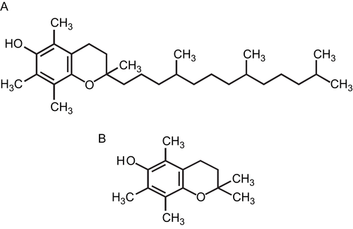 Figure 1.  Chemical structures of (A) α-tocopherol and (B) PMC (2,2,5,7,8-pentamethyl-6-hydroxychromane).