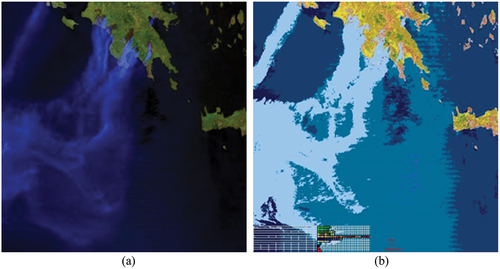 Figure 48. (a) Moderate Resolution Imaging Spectroradiometer (MODIS) image acquired on August 23, 2007, at 9.35 (CEST), covering Greece, depicted in false colors (monitor-typical channel R = MODIS band 6 in the Middle Infrared, channel G = MODIS band 2 in the Near Infrared, channel B = MODIS band 3 in the Visible Blue), spatial resolution: 1 km, radiometrically calibrated into top-of-atmosphere reflectance (TOARF) values, where an Environment for Visualizing Images (ENVI, by L3Harris Geospatial) standard histogram stretching was applied for visualization purposes. (b) Satellite Image Automatic Mapper (SIAM™)’s map of color names (Baraldi, Citation2017, Citation2019a; Baraldi et al., Citation2018a, Citation2018b, Citation2006; Baraldi & Tiede, Citation2018a, Citation2018b), generated from the MODIS image shown in (a), consisting of 83 spectral categories, depicted in pseudo-colors, refer to the SIAM map legend shown in Table 4 and Figure 50.