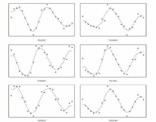 Fig. 6 Transcript levels of the top 6 among the 215 genes selected by ξn but by no other test. The dashed lines are fitted by k-nearest neighbor regression with k = 3. The name of the gene is displayed below each plot.