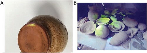 Figure 5. Forensic marking on archaeological objects A) under UV light and B) at the Iraqi National Museum, Baghdad. Image courtesy of Roger Matthews and Ali Al-Makhzoomi 2020©.