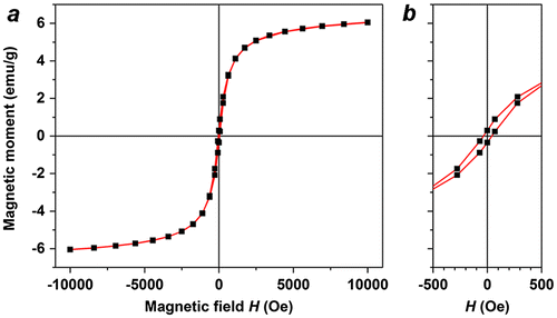 Figure 10. (a) Magnetization curve of MGNCs in powder form, taken at room temperature; (b) expansion of low-field region.