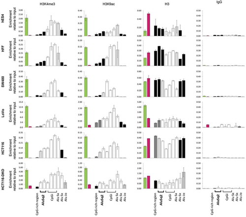Figure 5. Enrichment in histone modifications associated with active chromatin along the DIEXF promoter region, including Alu repeats, in cell lines with different DNA methylation profile. ChIP assays were performed with antibodies against 3meK4H3, AcK9H3, H3 and non-specific antibody (IgG). Different genomic elements within DIEXF promoter region (see Figure 1(c)) were analysed by qPCR. GAPDH (green bar) and 16CEN (red bar) were used as positive and negative control, respectively. Results are reported as enrichment of immunoprecipitated DNA relative to the input. The DNA methylation levels of each region are depicted using a greyscale (black: full methylation; grey: partially methylated; white; no methylation; see Figure 1 for more details).