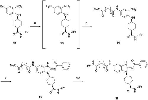 Scheme 4. Synthesis of compound 3f. Reagents and conditions: (a) NaN3, CuI, N,N-dimethylethylenediamine, NaCO3, DMSO, 110 °C, 5 h; (b) monomethyl suberate, EDCI, HOBt, TEA, DMF, rt, 20 h, 58% (for step a and b); (c) (i) Fe, NH4Cl, H2O, EtOH, 80 °C, 6 h; (ii) benzoyl isothiocyanate, THF, 0 °C, 15 min; (iii) EDCI, DIPEA, 60 °C, 2 h, then rt, 16 h, 65%; (d) (i) LiOH, H2O, MeOH, rt, 20 h; (ii) NH2OTHP, EDCI, HOBt, TEA, DMF, rt, 20 h; (e) TFA, DCM, 0 °C to rt, 12 h, 71% (for step d and e).