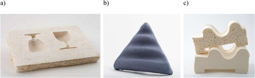 Figure 17. Examples of 3D shapes formed using foam: (a) Glass shapes made with foam handsheet mold. (b) Acoustic panel formed with a triangular mold using colored fibers.[Citation19] (c) 3D structure that could be used to replace expanded polystyrene.[Citation103]