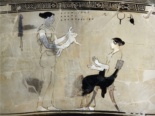 Figure 6. Athenian white-ground lekythos, showing an infant being passed to a seated woman. Antikensammlung, Berlin F2443. © Antikensammlung, Berlin.