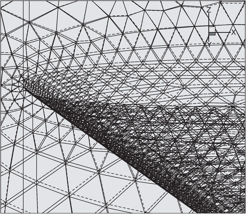 Figure 10. The mesh structures of the first and the best wing found at the 50th population (initial: dashed line, 50th: solid line).