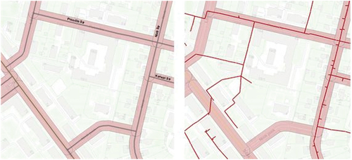 Figure 2. An example of the street polygons (left) and sewer pipelines situated outside the street polygons (right).