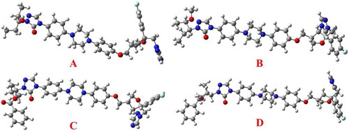 Figure 7. The B3LYP-optimized geometries of the Posaconazole (A) and its synthesized acetyl(B), benzoyl (C) and benzyl (D)derivatives.