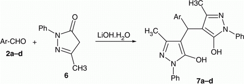 Figure 6.  Synthesis of 4,4′-(substituted-methylene)bis(3-methyl-1-phenyl-1H-pyrazol-5-ols) 7a–d.