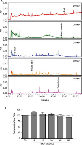 Figure 1 Chromatographic fingerprint analysis and cell viability assay of Chinese herbal formula B401.