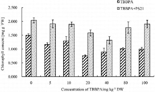 Figure 1. Changes of the total chlorophyll content in wheat leaves with combined treatment of PS21 and different concentrations of TBBPA. Values are mean ± SD and bars indicate standard deviation. TBBPA: treatment with various concentrations TBBPA (0–100 mg kg−1 DW); TBBPA + PS21: with combined treatment with PS21 and various concentrations TBBPA (0–100 mg kg−1 DW).