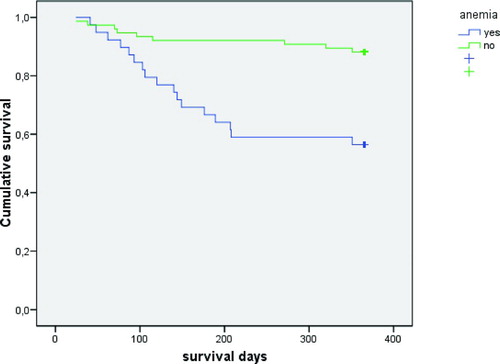 Figure 1.  Survival plot of anemia influence using the Kaplan-Meier test (log rank test: p < 0.000).