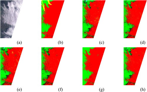 Figure 10. Orleans (France) (a) True Color image, (b)Manual reference mask, generated cloud mask by: (c) RF with traditional texture features (d) RF with deep features (e) XGBoost with traditional texture features (f) XGBoost with deep features, (g) SVM with traditional texture features, and (h) SVM with deep features.