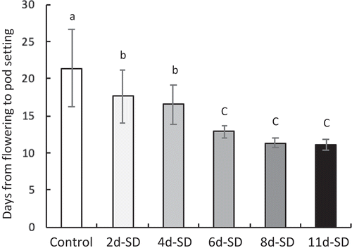 Figure 1. Effect of duration of short-day treatment on pod setting in soybean. Number of days from flowering to pod setting in each treatment. Different lowercase letters indicate significant differences among treatments at P < 0.05 by Tukey–Kramer test. SD, short day.